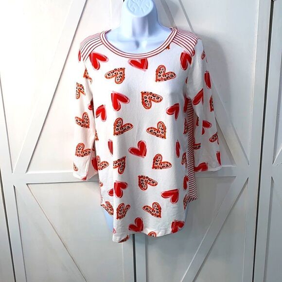 7th Ray 3/4 Sleeve Red & White Stripe Heart Print Shirt Size Small - Picture 1 of 10